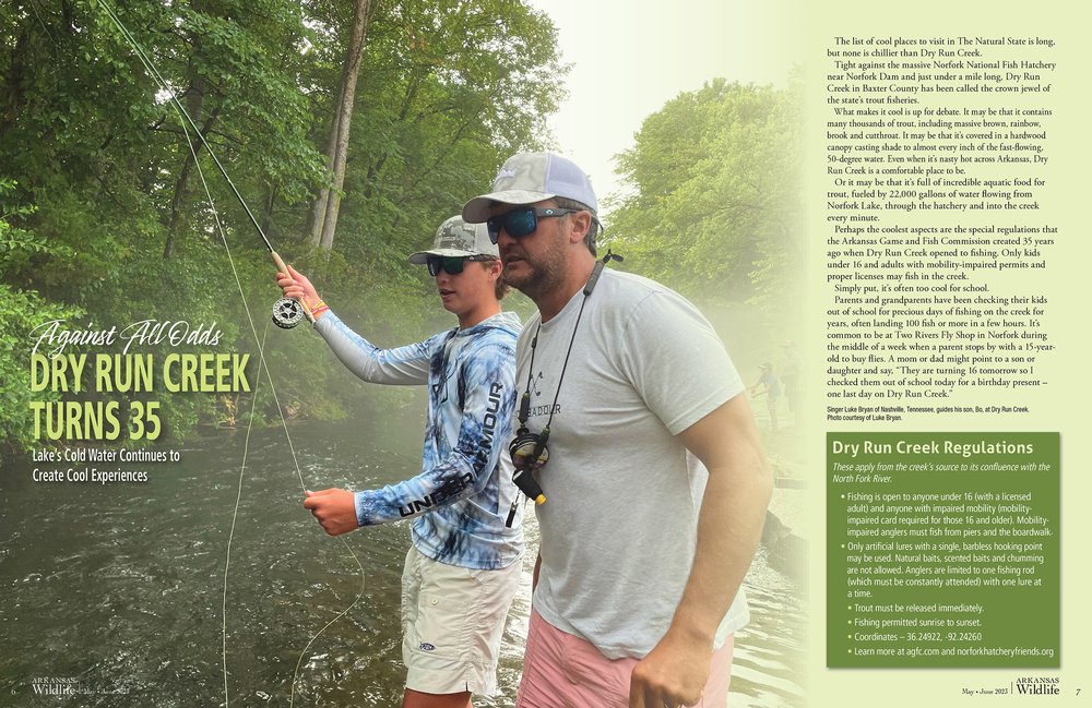 The AGFC celebrates Dry Run Creek’s 35th anniversary in the May/June 2023 issue.