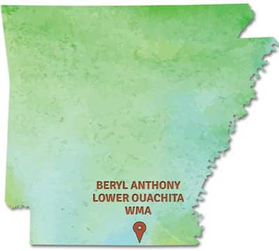 Arkansas map with Beryl Anthony Lower Ouachita WMA tagged