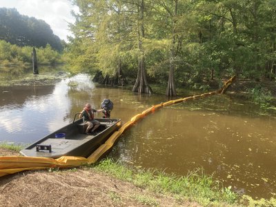Booms placed at the canal to Mercer Bayou to prevent spread of invasive salvinia