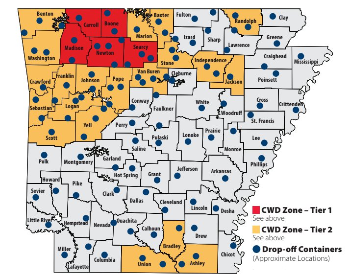 Map: The AGFC’s network of freezers used for chronic wasting disease monitoring is available for bear hunters to submit liver samples from harvested bears. Image courtesy of AGFC.