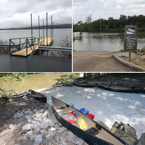 Collage of boat ramps at Benny Craig and Felsenthal NWR, and a courtesy dock at Lake Brewer