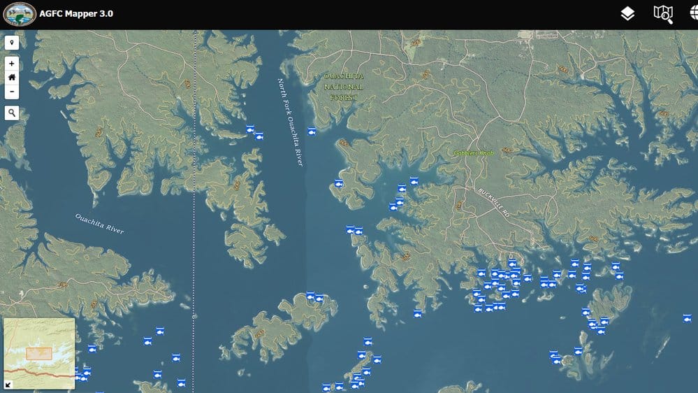 Locations of all fish attractors placed by the AGFC are available at agfc.com/maps. AGFC image.