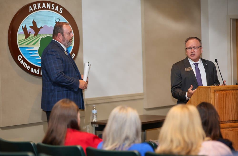 AGFC Chief of Recreational Shooting Grant Tomlin (left) welcomed Richard L. Dunsworth, University of the Ozarks president, to speak about the opportunity to partner with the college’s successful shooting sports program.