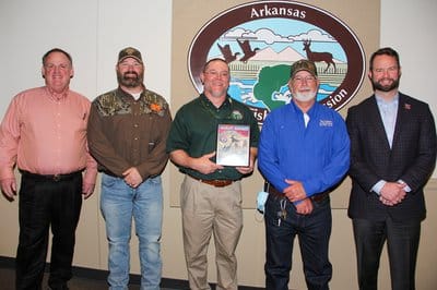left to right: AGFC Director Pat Fitts, NWTF Arkansas Secretary Chris Hinkle, AGFC wildlife biologist Jason Mitchell, NWTF Arkansas President Terry Thompson, AGFC Chairman Andrew Parker.