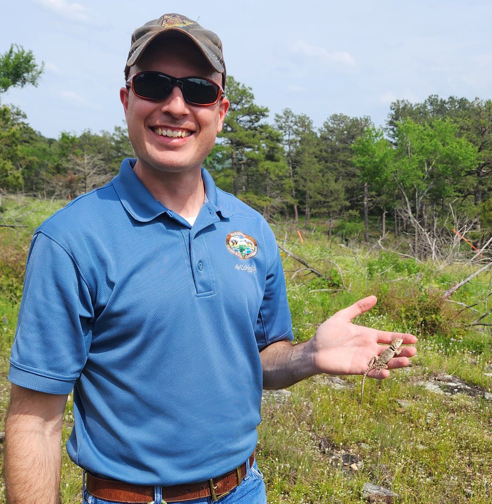 AGFC Assistant  Regional Wildlife Supervisor Levi Horrell with one of many yearling lizards released during last week’s reintroduction effort.