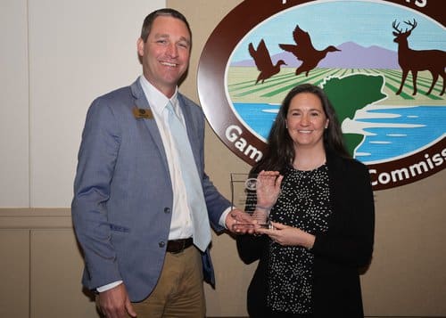 Sarah Baxter: AGFC Fisheries Chief Jason Olive presented AGFC Administrative Specialist Sarah Baxter with the AGFC’s Fisheries Administrator/Technician of the year award.