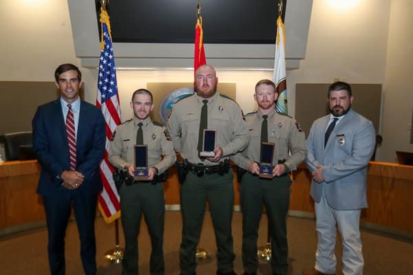 From left to right: AGFC Director Austin Booth, Wildlife Officer Jake Stanford, Wildlife Officer Cody Stone, Wildlife Officer Clint Park and Col. Brad Young.