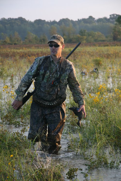 Teal hunter with bird: Early teal hunters should prepare for warmer weather and heavier cover than typical duck hunting. Photo by Mike Wintroath, AGFC.
