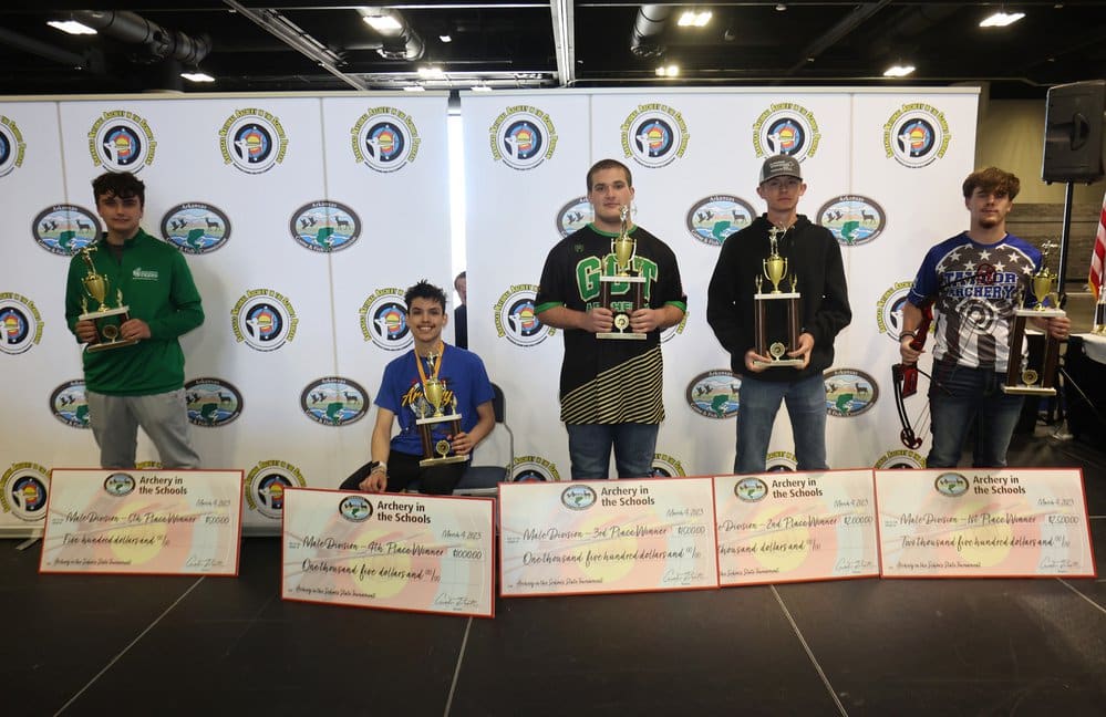 The top five archers in the High School Boys Division were (left to right): Fifth Place, Jaxon Souza; Fourth Place, Tripp Siemiller; Third Place, Landon Jackson; Second Place, Logan Wilkinson, and First Place, Michael Higgins.