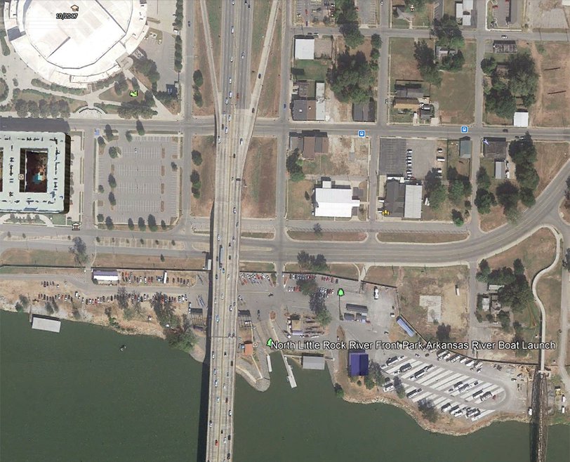 Aerial view of access next to I-30 bridge in downtown Little Rock provided by Google Earth.