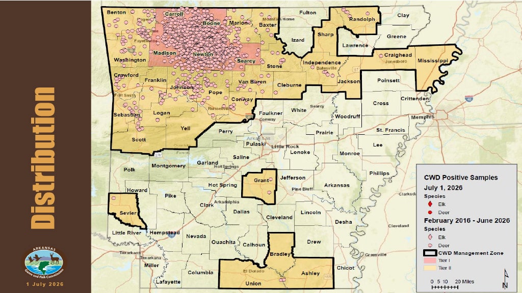 A map showing the distribution of CWD across the state of Arkansas from 2026-27.