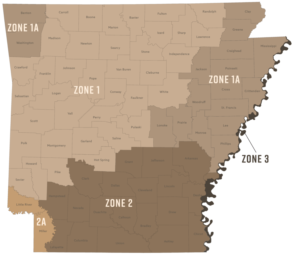 A map of Arkansas displaying the turkey zones for the 2026-27 year.
