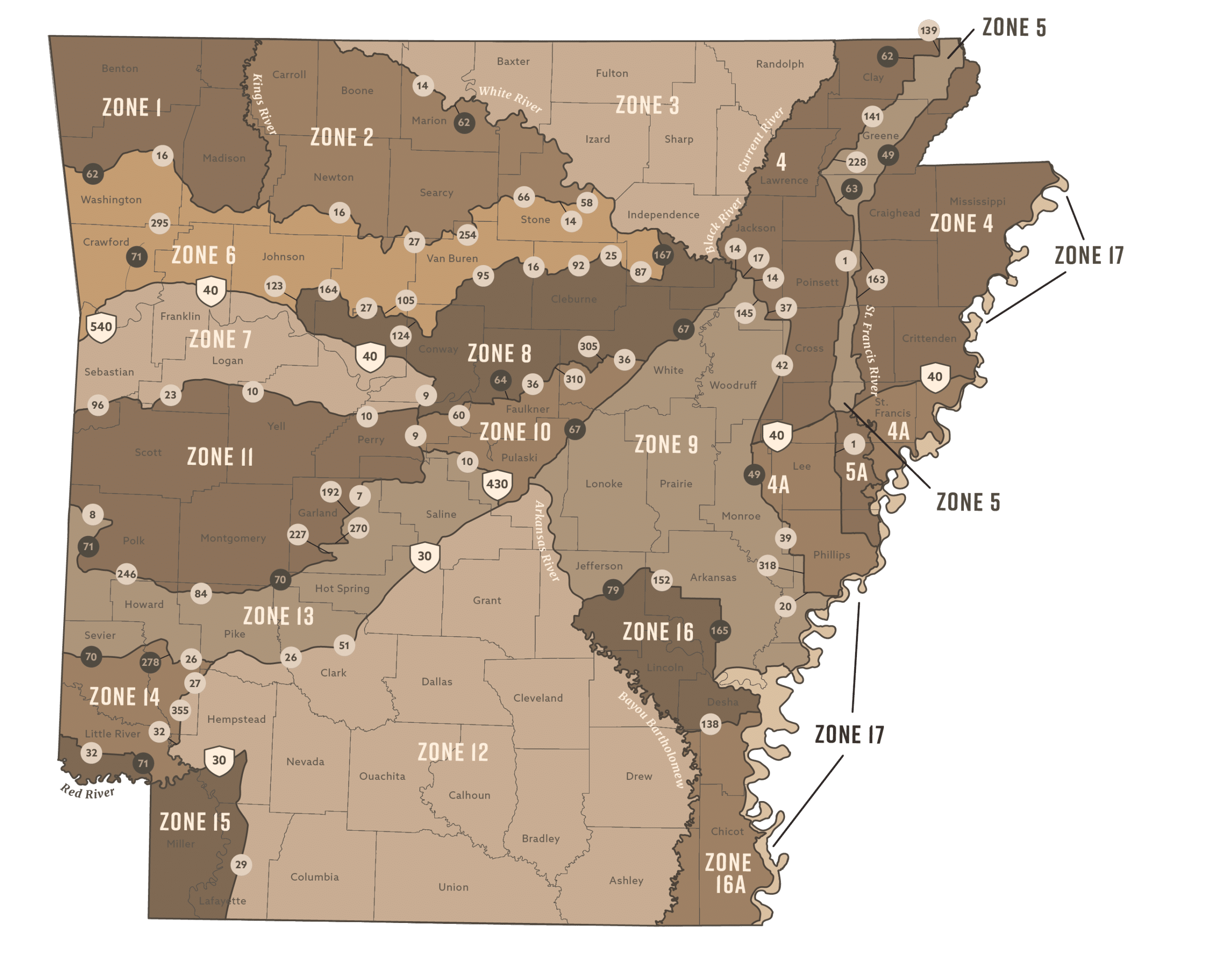 A map of Arkansas displaying the deer zones for the 2026-27 year.