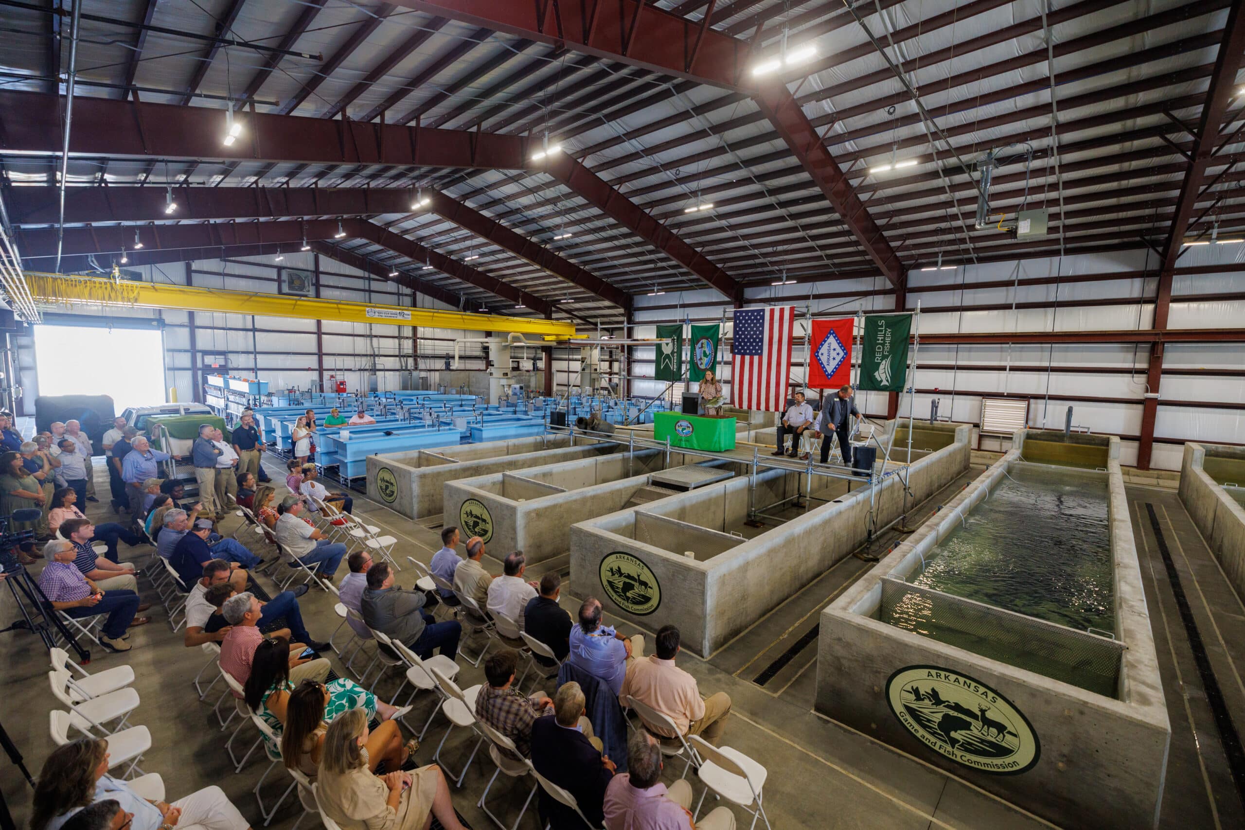 People gathered for the Joe Hogan State Fish Hatchery Renovation Ceremony, held on July 16, 2025 in Lonoke.